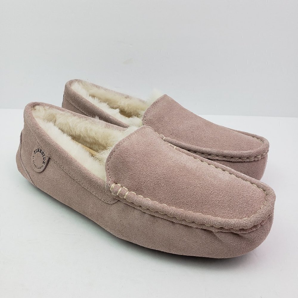 Fireside By Dearfoams Womens 10 Pale Pink Beige Shearling Mel Moccasin Slippers